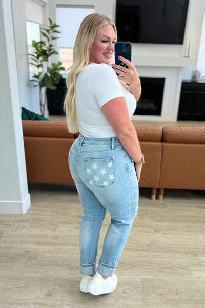 Judy Bue Sam Mid Rise Star Spangled Pocket Boyfriend Jeans Southern Soul Collectives