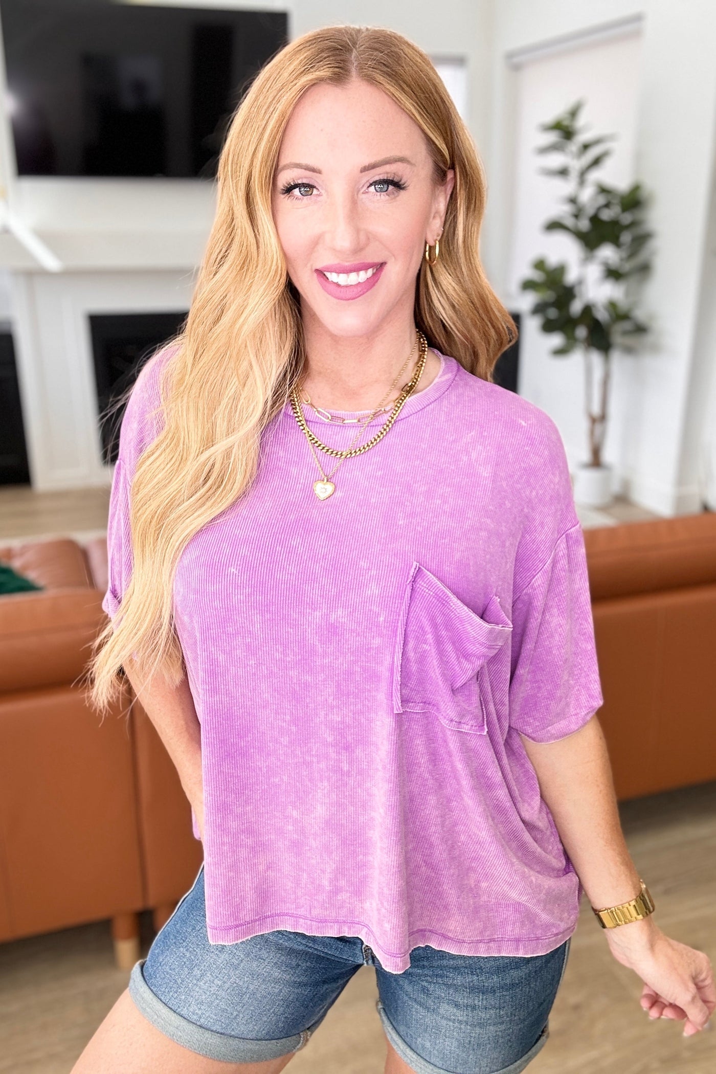 Mineral Wash Ribbed Round Neck Top in Bright Violet Southern Soul Collectives