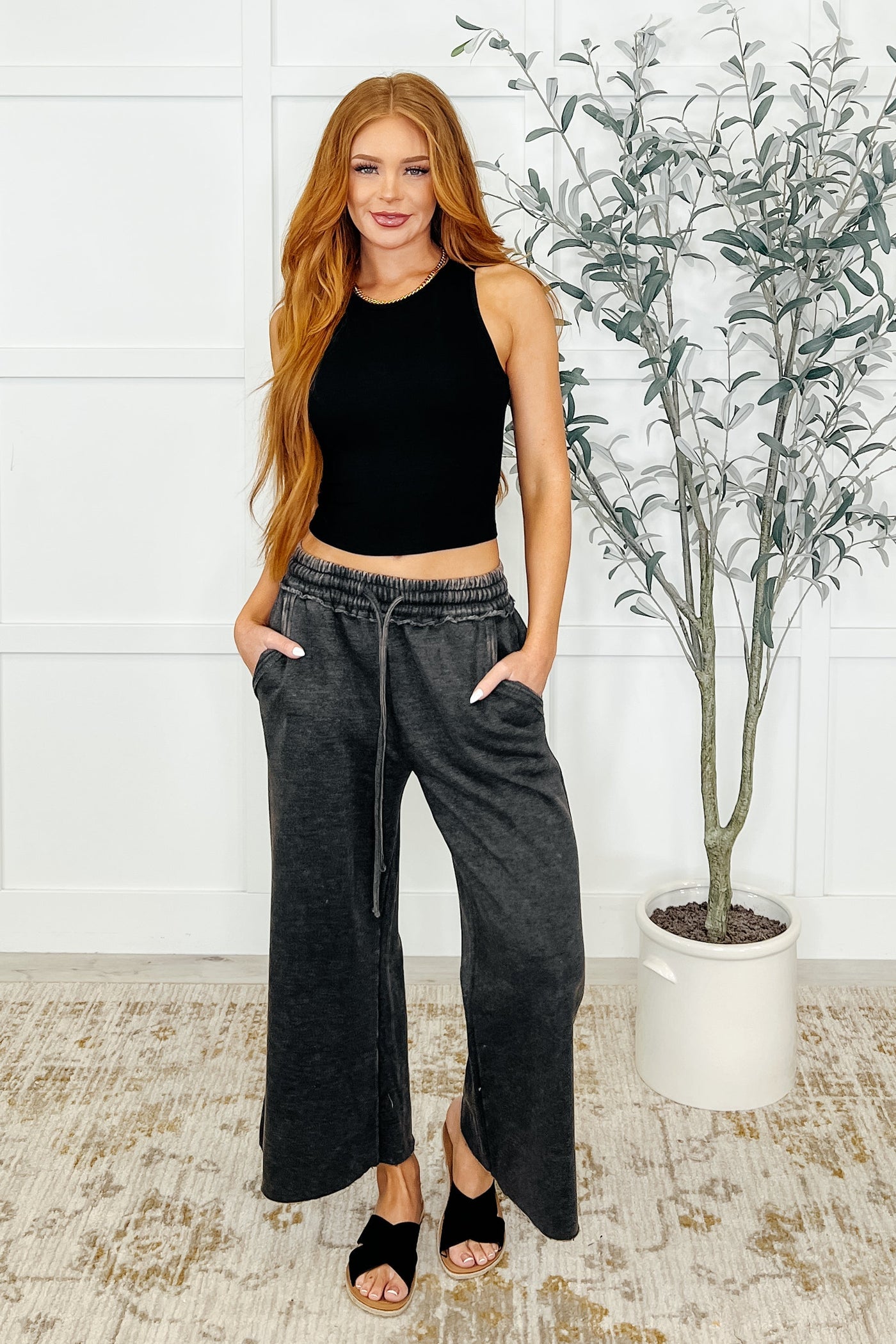 In or Out Wide Leg Cropped Pants Ash Black Southern Soul Collectives