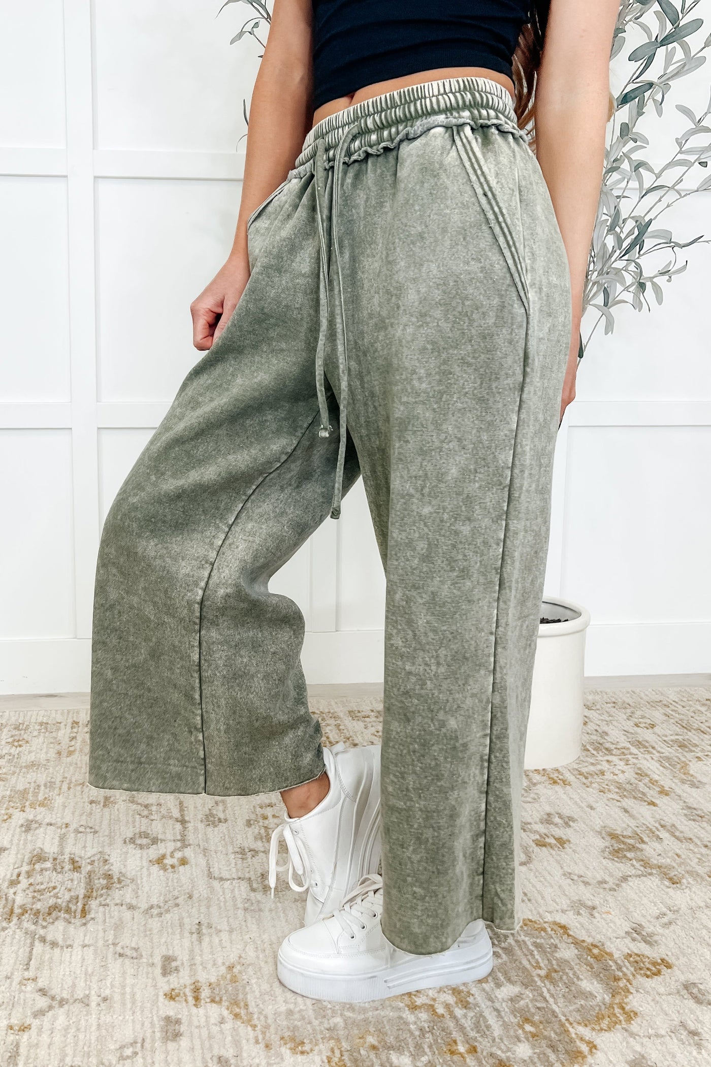 In or Out Wide Leg Cropped Pants Lt Olive Southern Soul Collectives