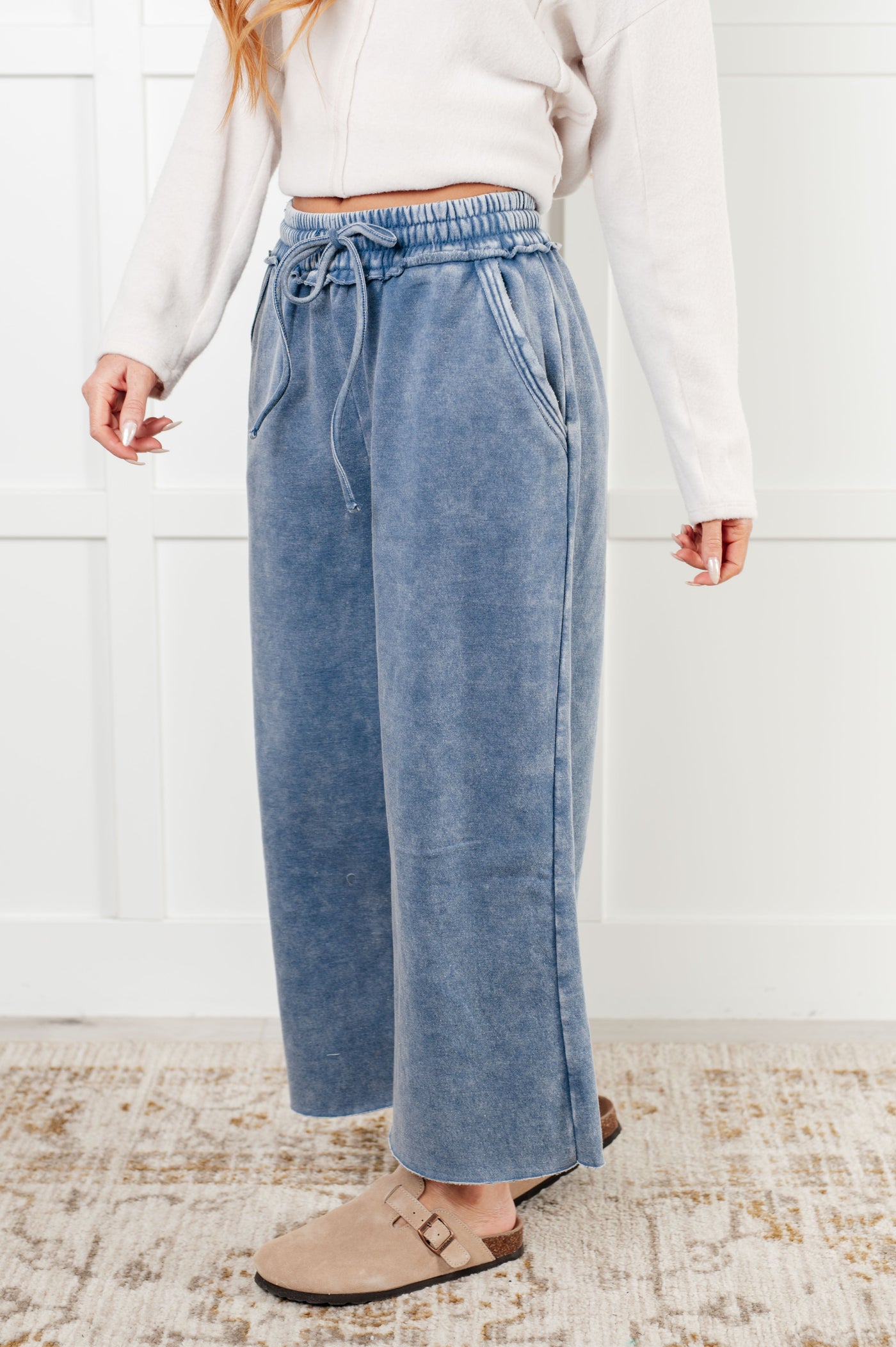 In or Out Wide Leg Cropped Pants in Dusty Blue Southern Soul Collectives