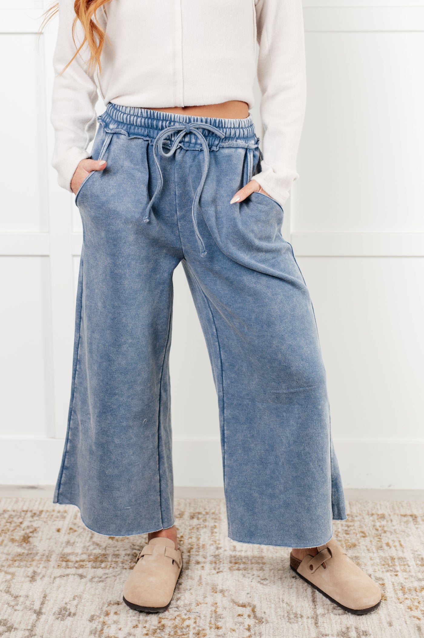 In or Out Wide Leg Cropped Pants in Dusty Blue Southern Soul Collectives