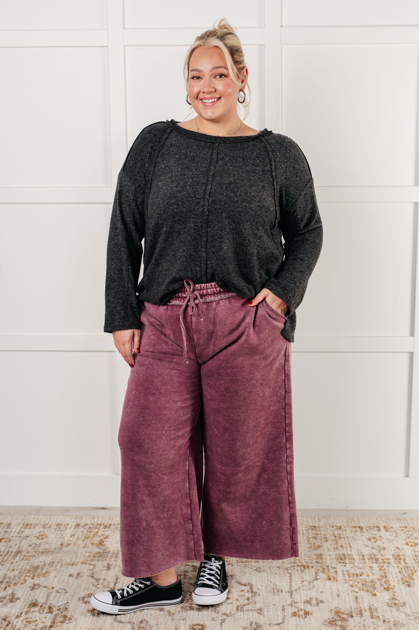 In or Out Wide Leg Cropped Pants in Eggplant Southern Soul Collectives