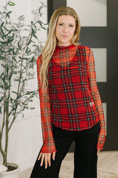 In the Present Plaid Mesh Layering Top in Red Southern Soul Collectives
