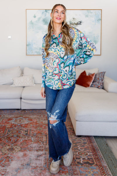 In the Willows Button Up Blouse in Teal Paisley Womens Southern Soul Collectives