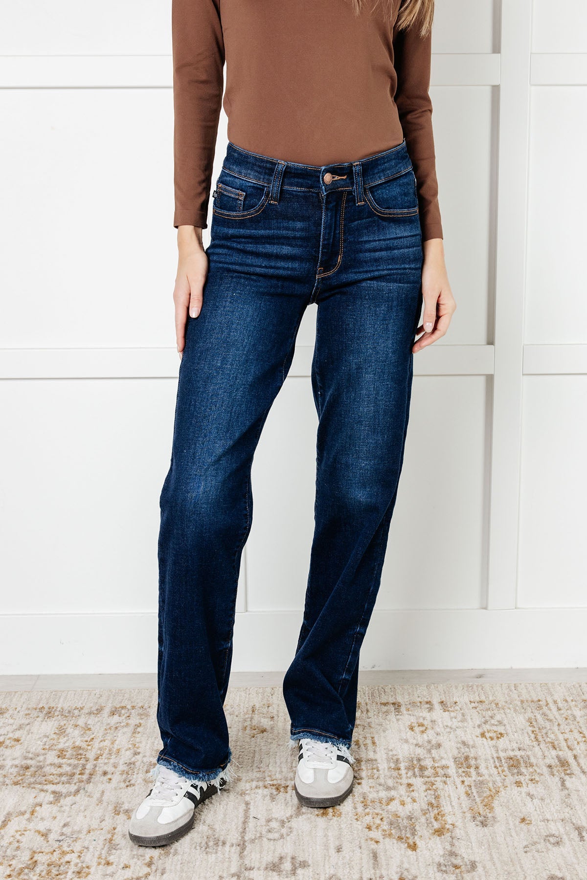 Jacqueline Mid Rise Frayed Hem Straight Leg Jean Southern Soul Collectives