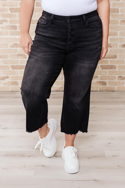 Judy Blue Ryan High Rise Button Fly Wide Leg Crop Jeans in Black