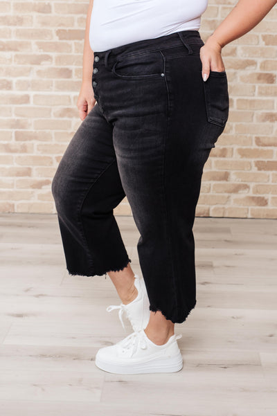 Judy Blue Ryan High Rise Button Fly Wide Leg Crop Jeans in Black