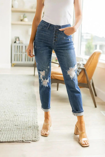 Judy Blue Colty High Rise Button Fly Distressed Boyfriend Jeans Womens Southern Soul Collectives