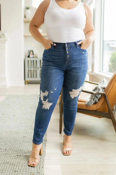 Judy Blue Colty High Rise Button Fly Distressed Boyfriend Jeans Womens Southern Soul Collectives