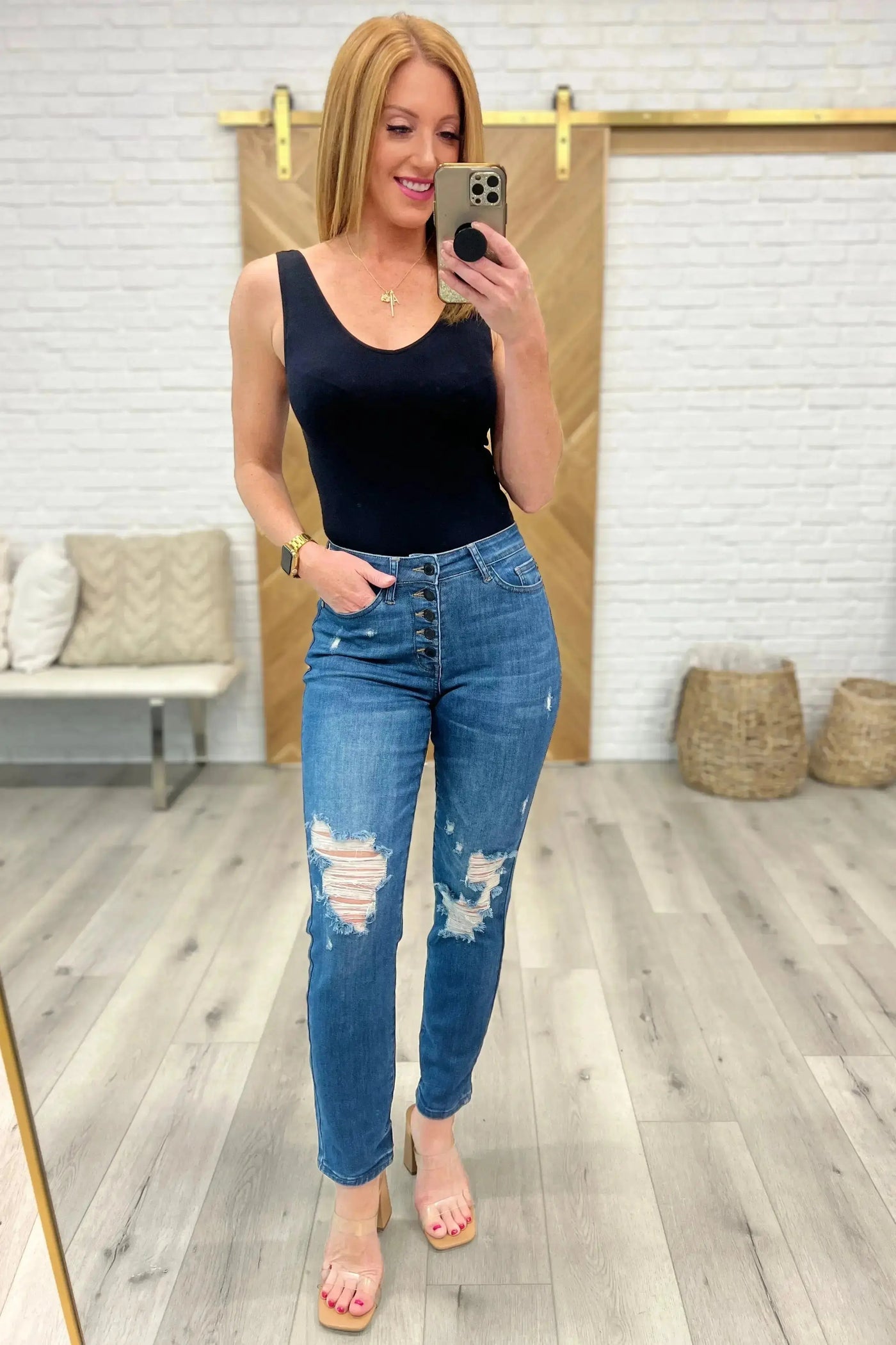 Judy Blue Colty High Rise Button Fly Distressed Boyfriend Jeans Womens Southern Soul Collectives