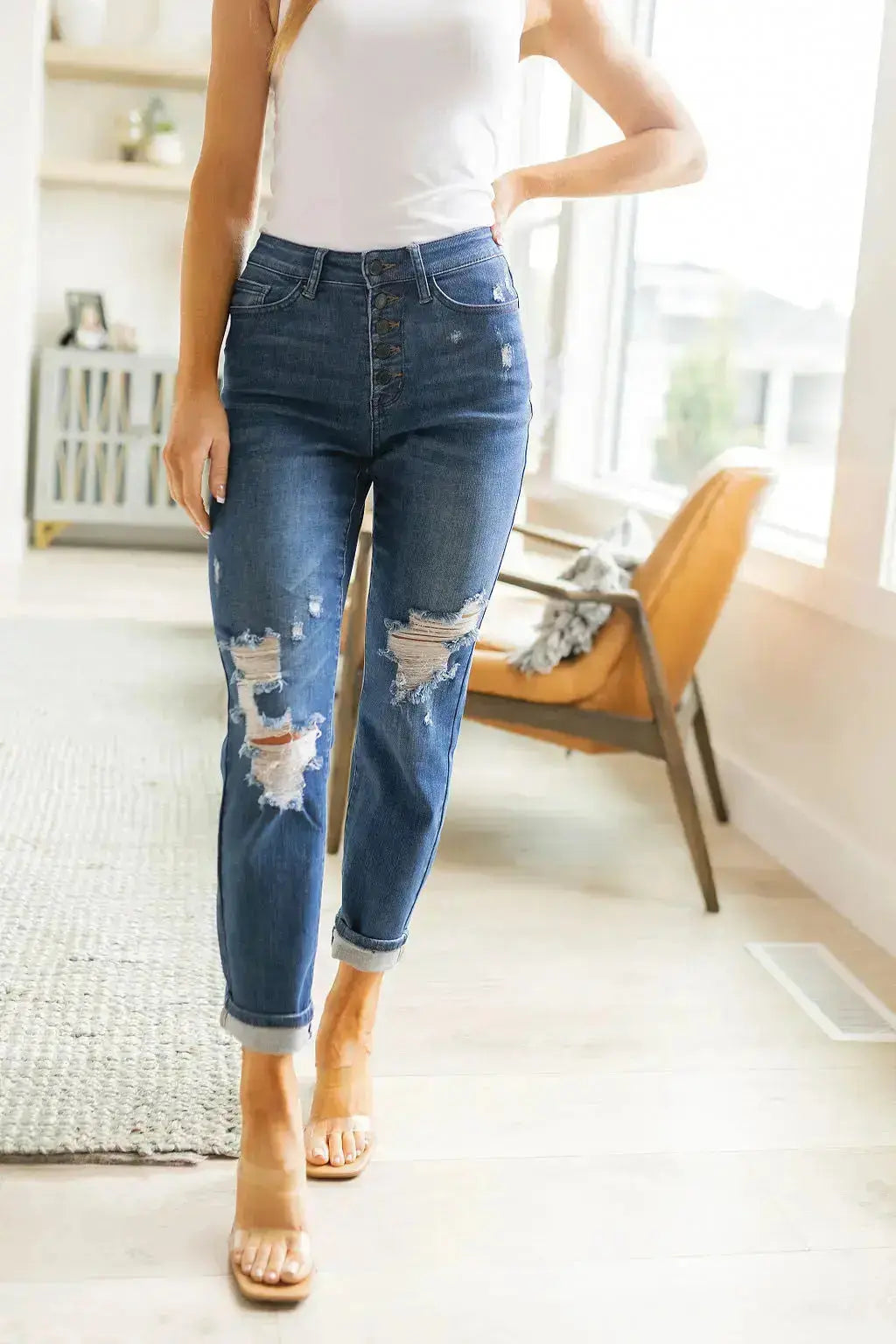 Judy Blue Colty High Rise Button Fly Distressed Boyfriend Jeans Womens Southern Soul Collectives