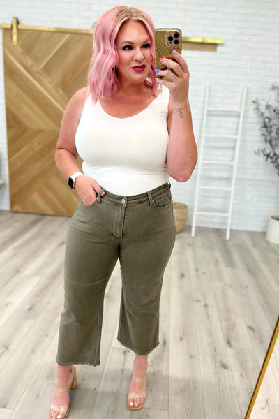 Judy Blue Harvey High Rise Control Top Wide Leg Crop Jeans in Olive Womens Southern Soul Collectives