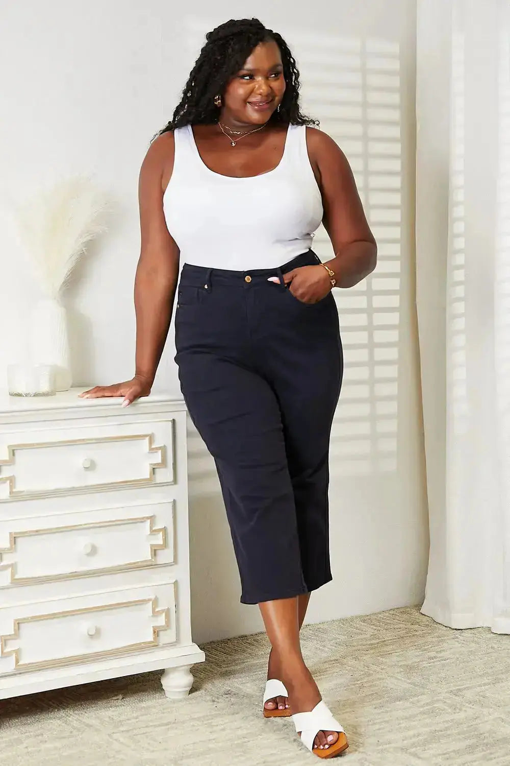 Judy Blue High Waist Tummy Control Garment Dyed Wide Cropped Jeans in Navy Blue  Southern Soul Collectives