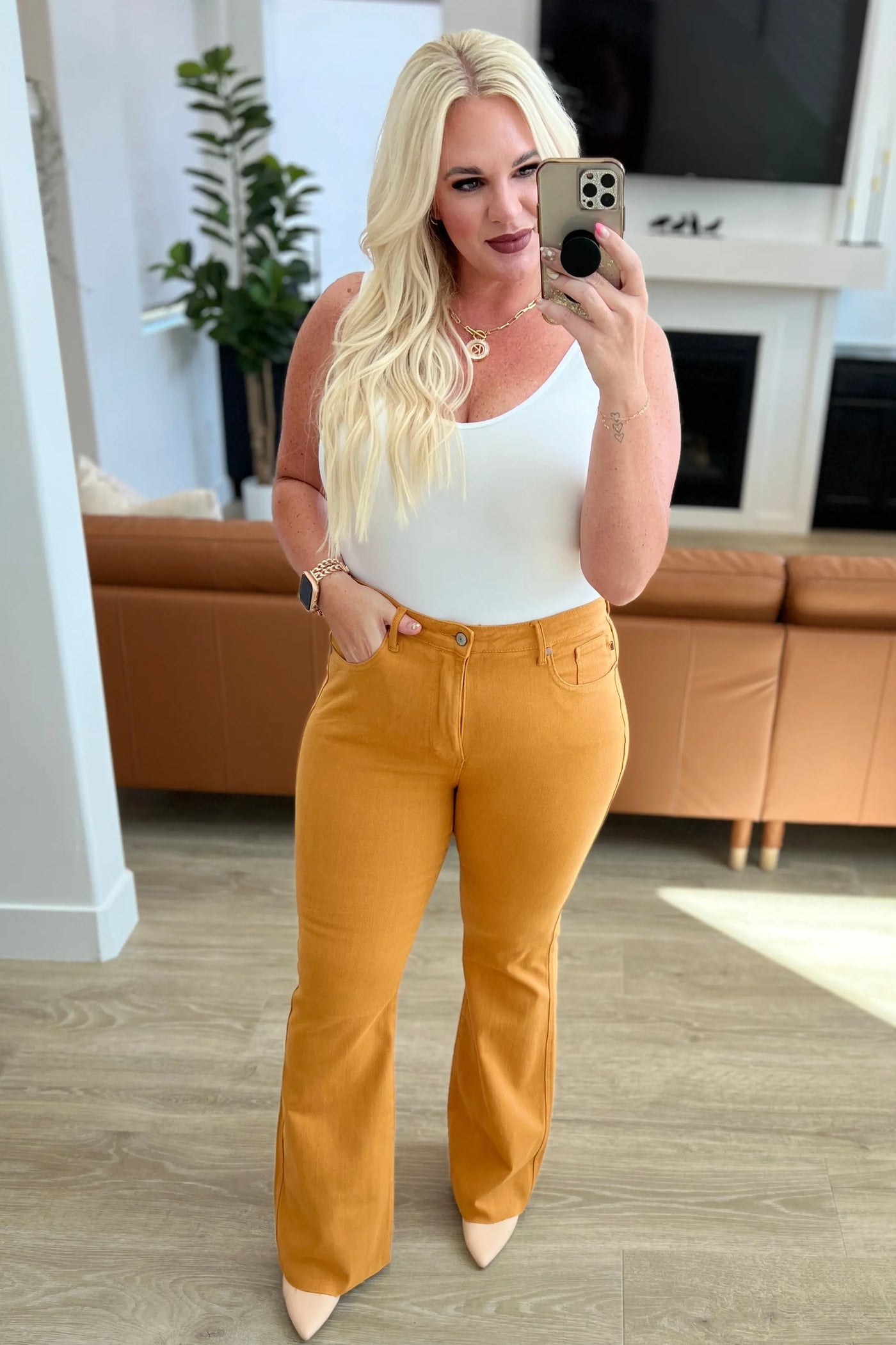 Judy Bue Melinda High Rise Control Top Flare Jeans in Marigold Womens Southern Soul Collectives