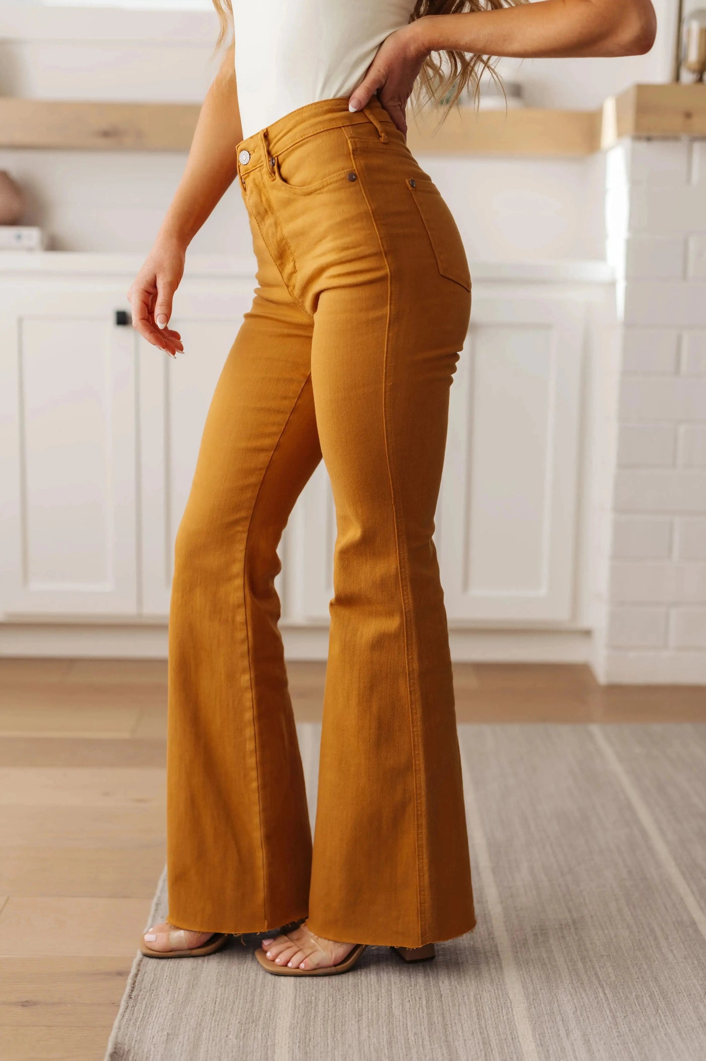 Judy Bue Melinda High Rise Control Top Flare Jeans in Marigold Womens Southern Soul Collectives