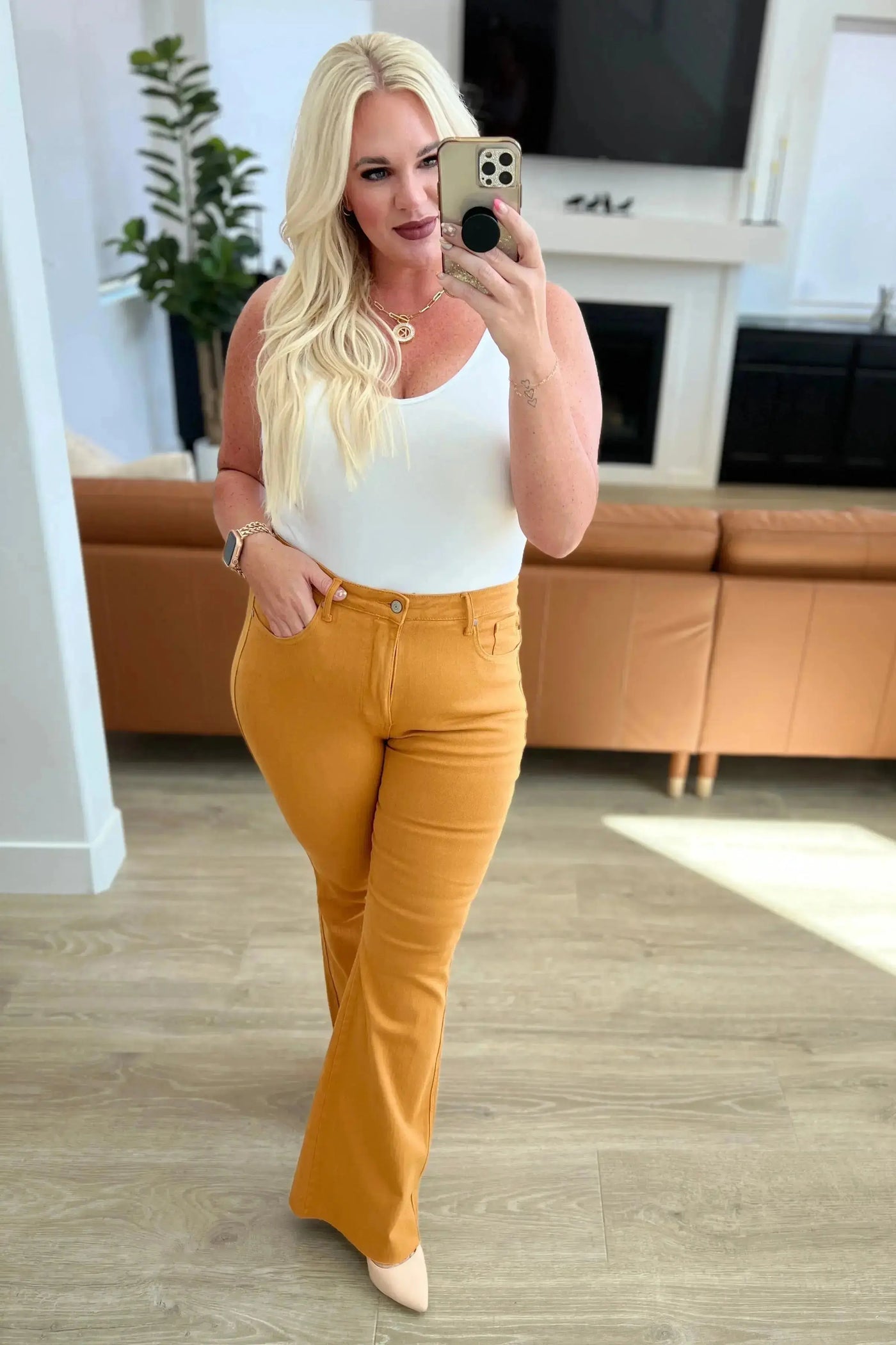 Judy Bue Melinda High Rise Control Top Flare Jeans in Marigold Womens Southern Soul Collectives