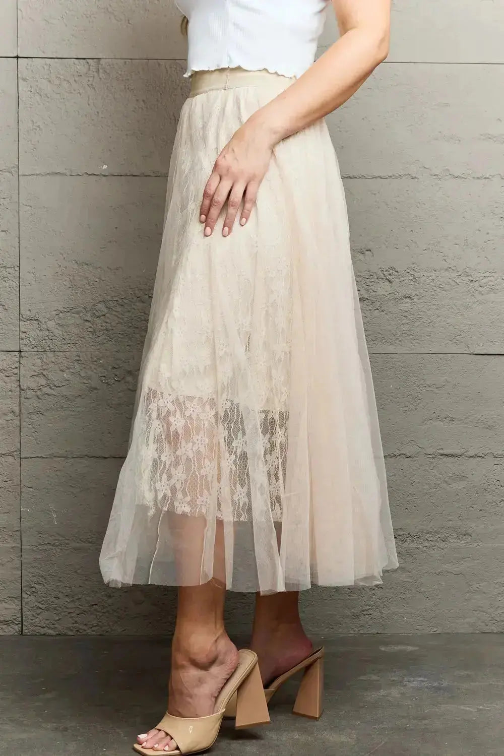 Lace Flower Detail Flowy Midi Skirt in Beige  Southern Soul Collectives