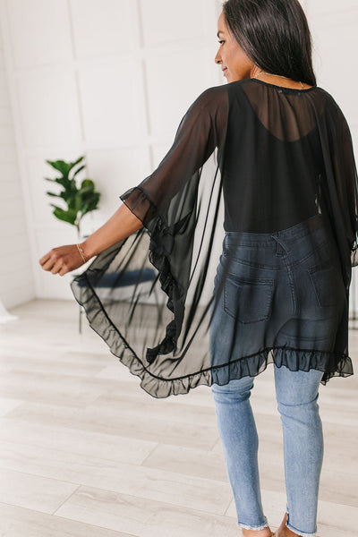 Leave You Guessing Black Ruffle Trim Kimono Womens Southern Soul Collectives 