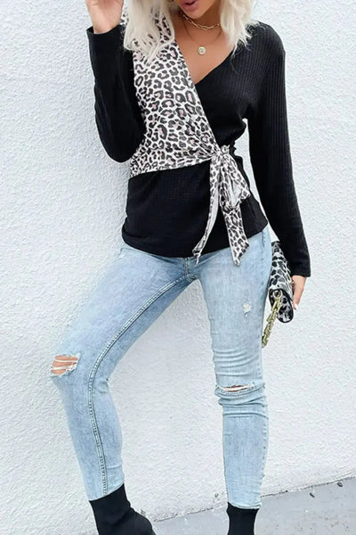 Leopard and Black Waffle Knit Front Tied Top  Southern Soul Collectives