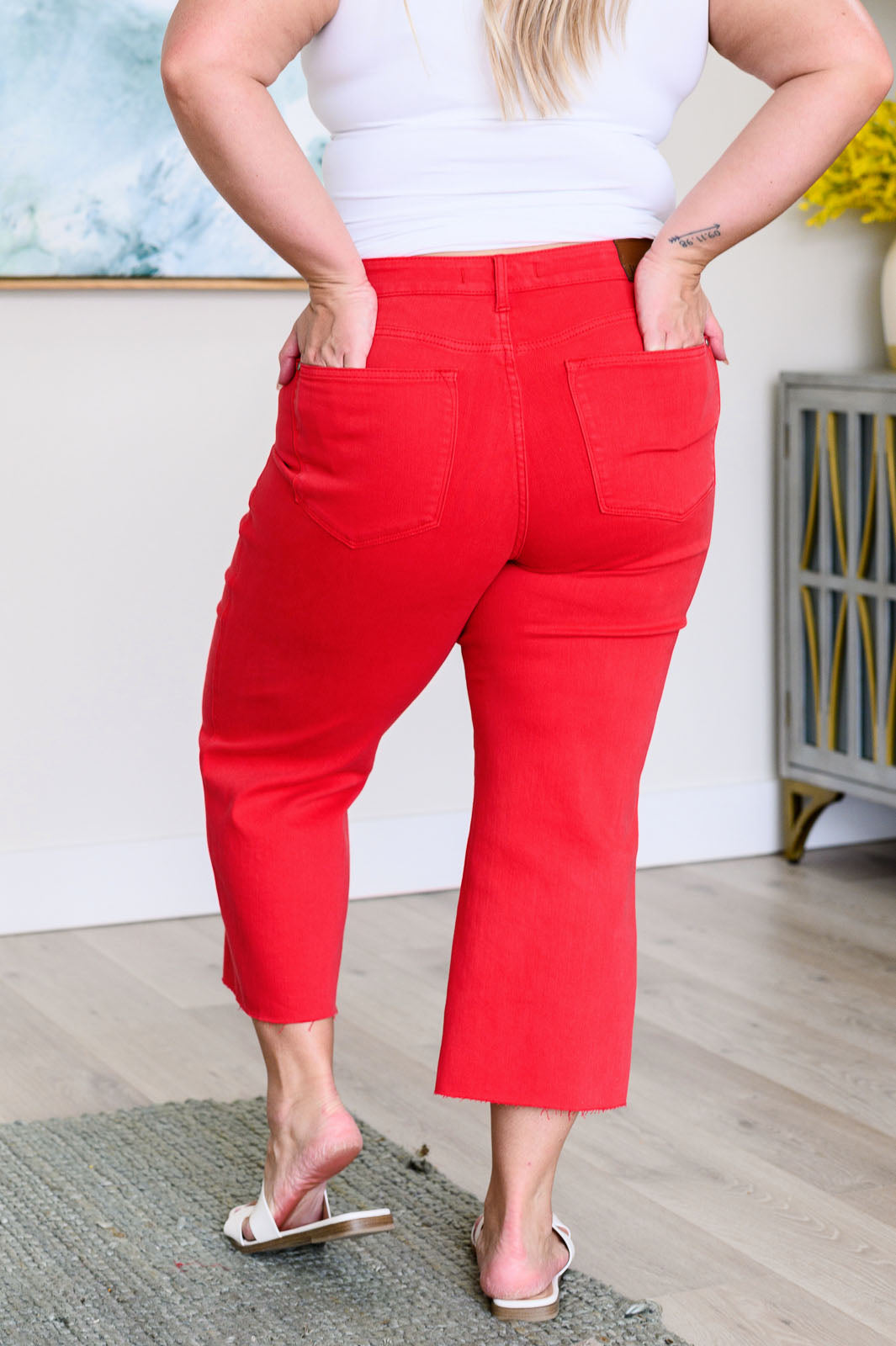 Judy Blue Lisa High Rise Control Top Wide Leg Crop Jeans in Red Southern Soul Collectives