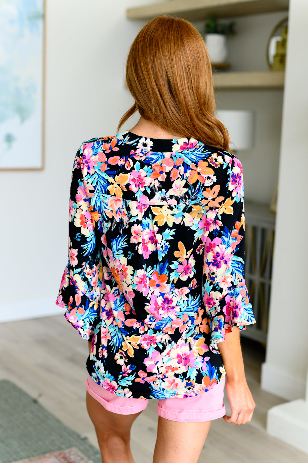 Lizzy Bell Sleeve Top Black and Teal Tropical Floral Southern Soul Collectives