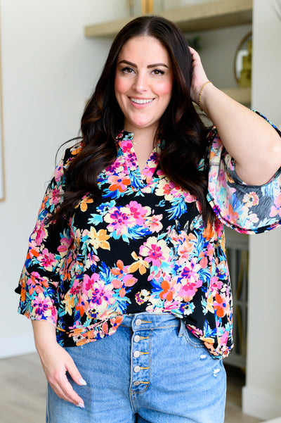 Lizzy Bell Sleeve Top Black and Teal Tropical Floral Southern Soul Collectives