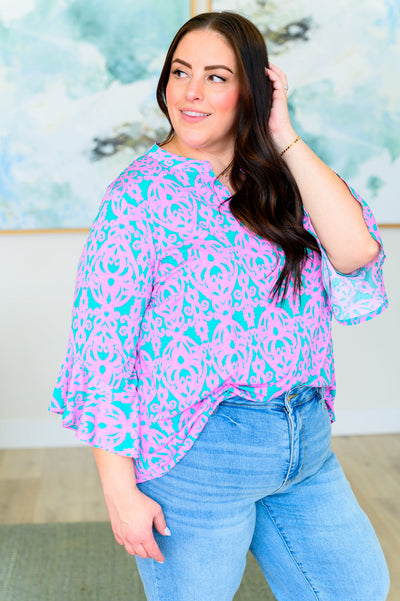 Lizzy Bell Sleeve Top in Mint and Pink Damask Southern Soul Collectives