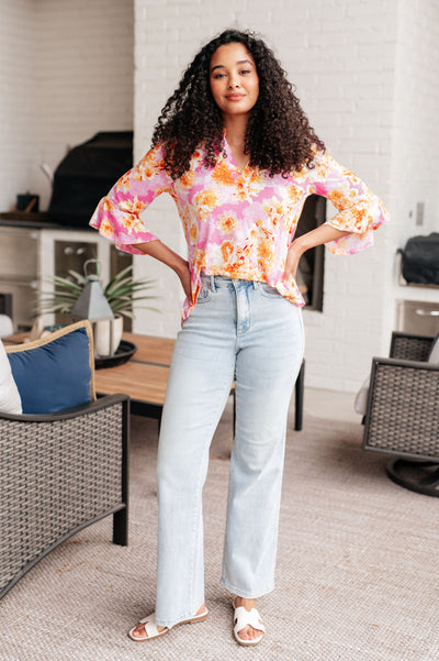 Lizzy Bell Sleeve Top in Pink and Gold Floral Southern Soul Collectives