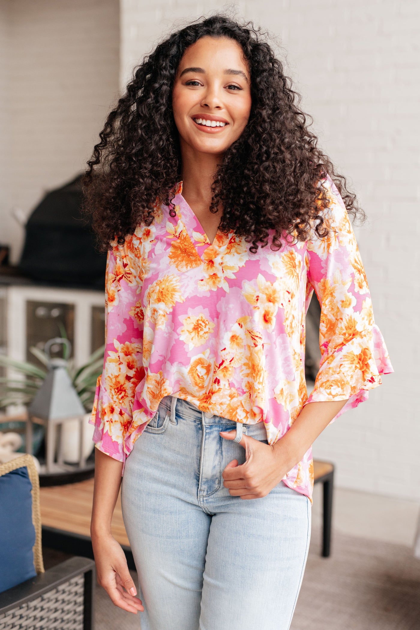 Lizzy Bell Sleeve Top in Pink and Gold Floral Southern Soul Collectives