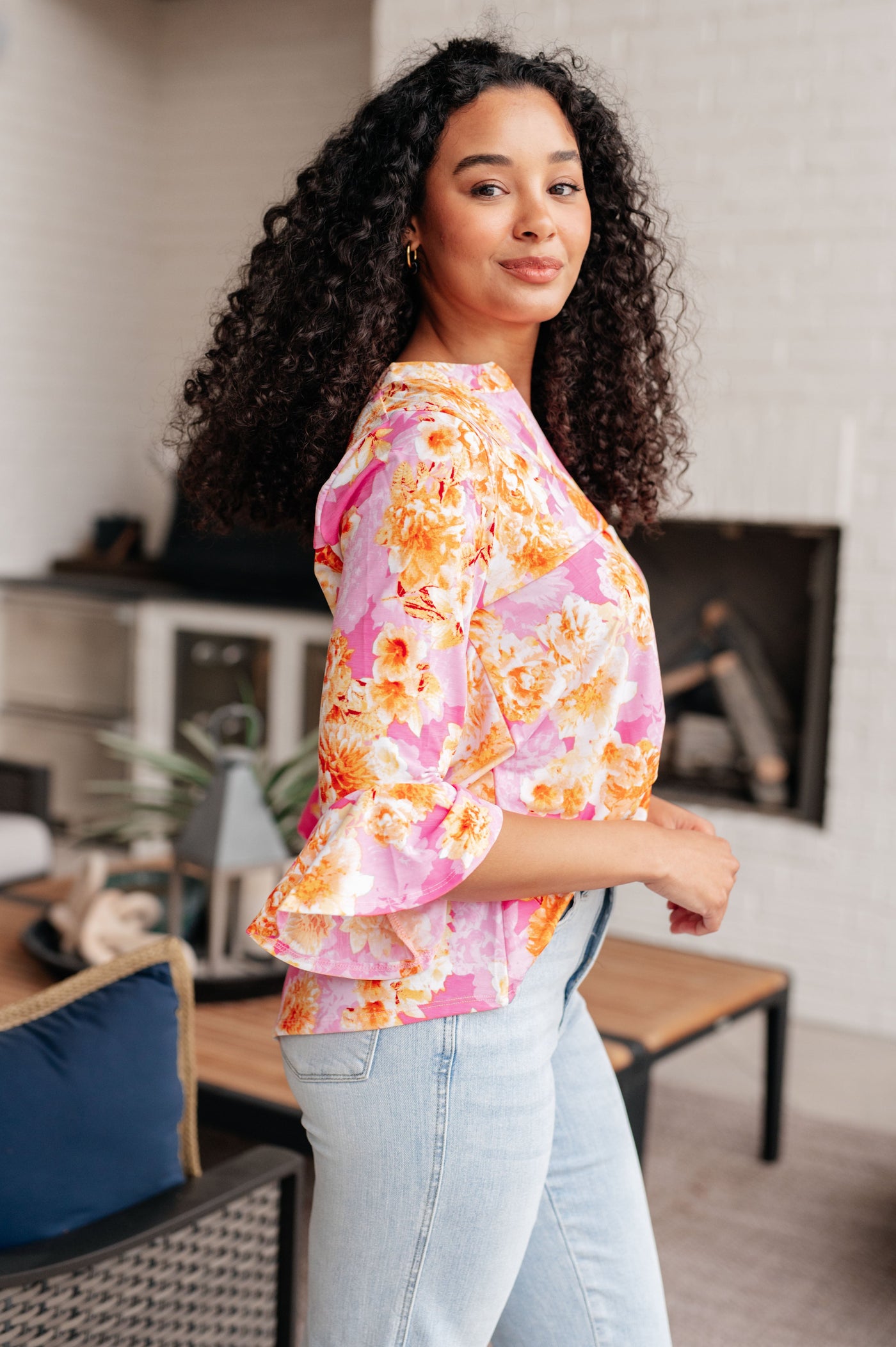 Lizzy Bell Sleeve Top in Pink and Gold Floral Southern Soul Collectives