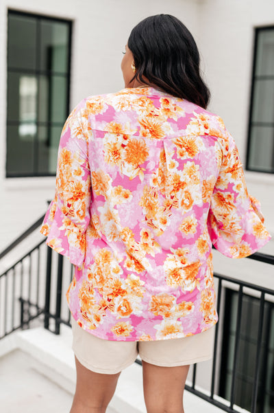 Lizzy Bell Sleeve Top in Pink and Gold Floral Southern Soul Collectives