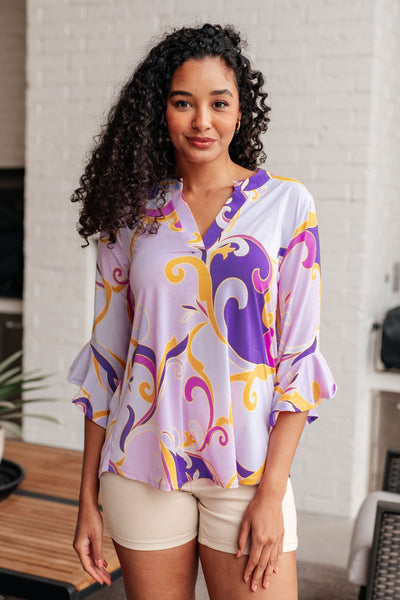 Lizzy Bell Sleeve Top in Regal Lavender and Gold Southern Soul Collectives