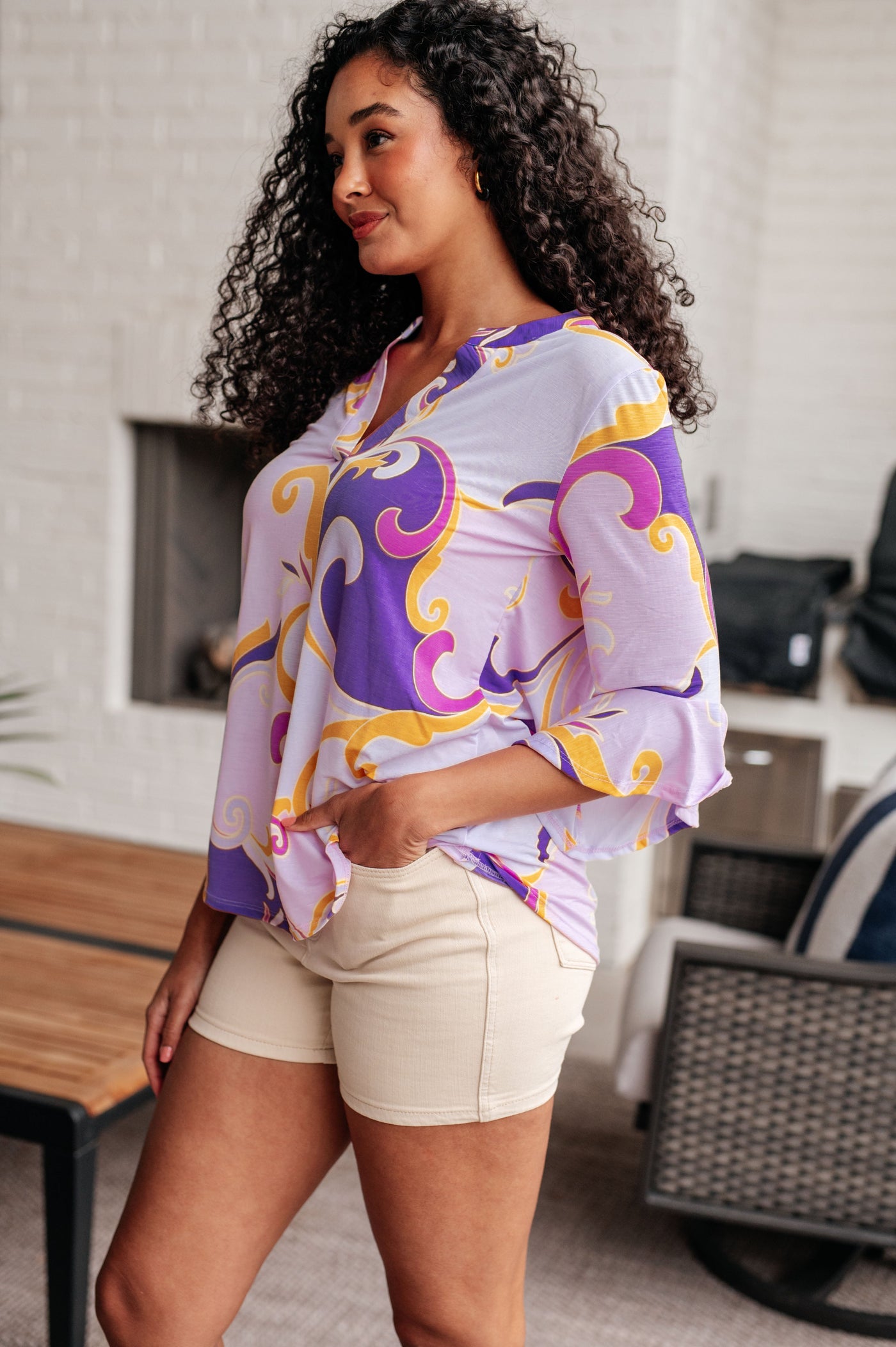 Lizzy Bell Sleeve Top in Regal Lavender and Gold Southern Soul Collectives