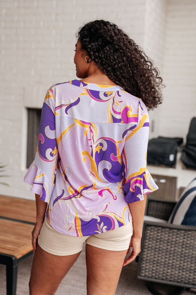 Lizzy Bell Sleeve Top in Regal Lavender and Gold Southern Soul Collectives