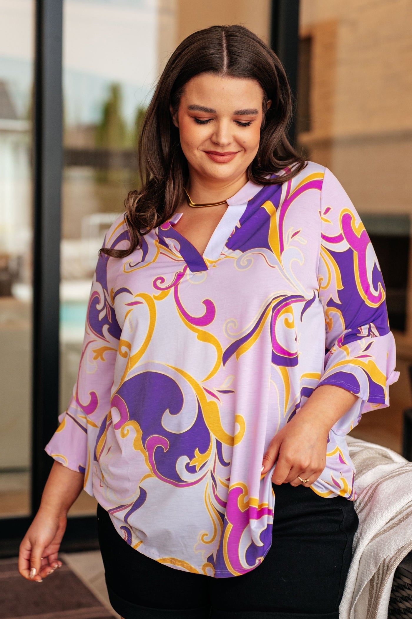 Lizzy Bell Sleeve Top in Regal Lavender and Gold Southern Soul Collectives