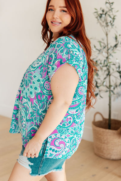 Lizzy Cap Sleeve Top in Magenta and Teal Paisley Southern Soul Collectives