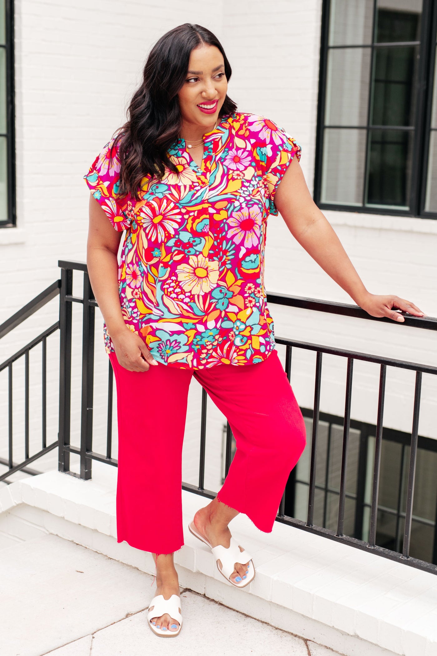 Lizzy Cap Sleeve Top Magenta and Pink Multi Floral Southern Soul Collectives