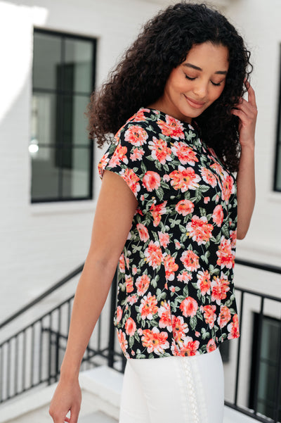 Lizzy Cap Sleeve Top in Black and Coral Floral Southern Soul Collectives