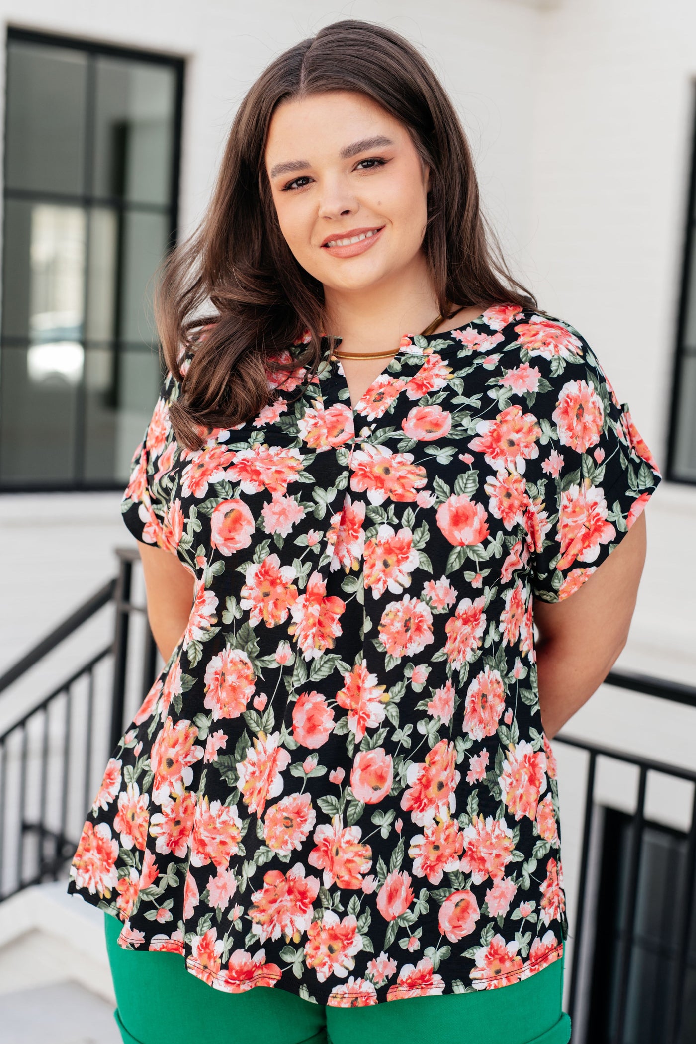 Lizzy Cap Sleeve Top in Black and Coral Floral Southern Soul Collectives