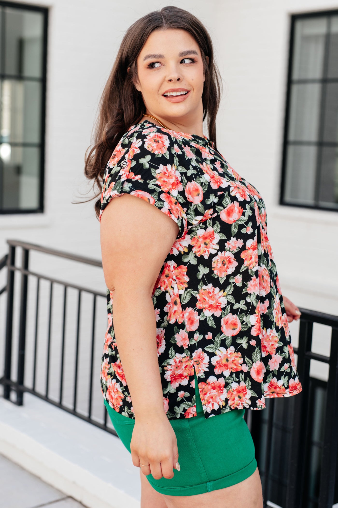 Lizzy Cap Sleeve Top in Black and Coral Floral Southern Soul Collectives