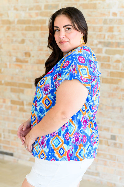 Lizzy Cap Sleeve Top in Blue and Magenta Ikat Southern Soul Collectives