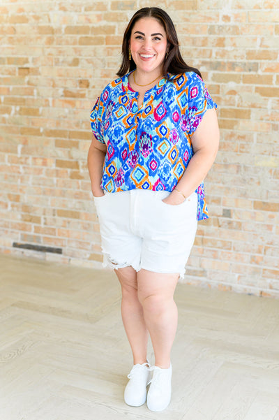 Lizzy Cap Sleeve Top in Blue and Magenta Ikat Southern Soul Collectives