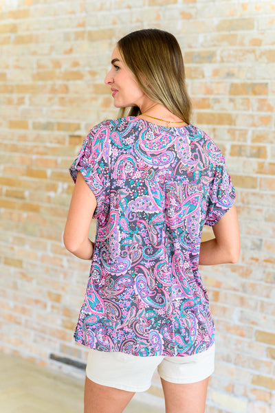 Lizzy Cap Sleeve Top in Charcoal and Pink Paisley Southern Soul Collectives