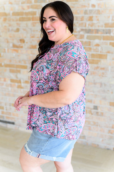 Lizzy Cap Sleeve Top in Charcoal and Pink Paisley Southern Soul Collectives