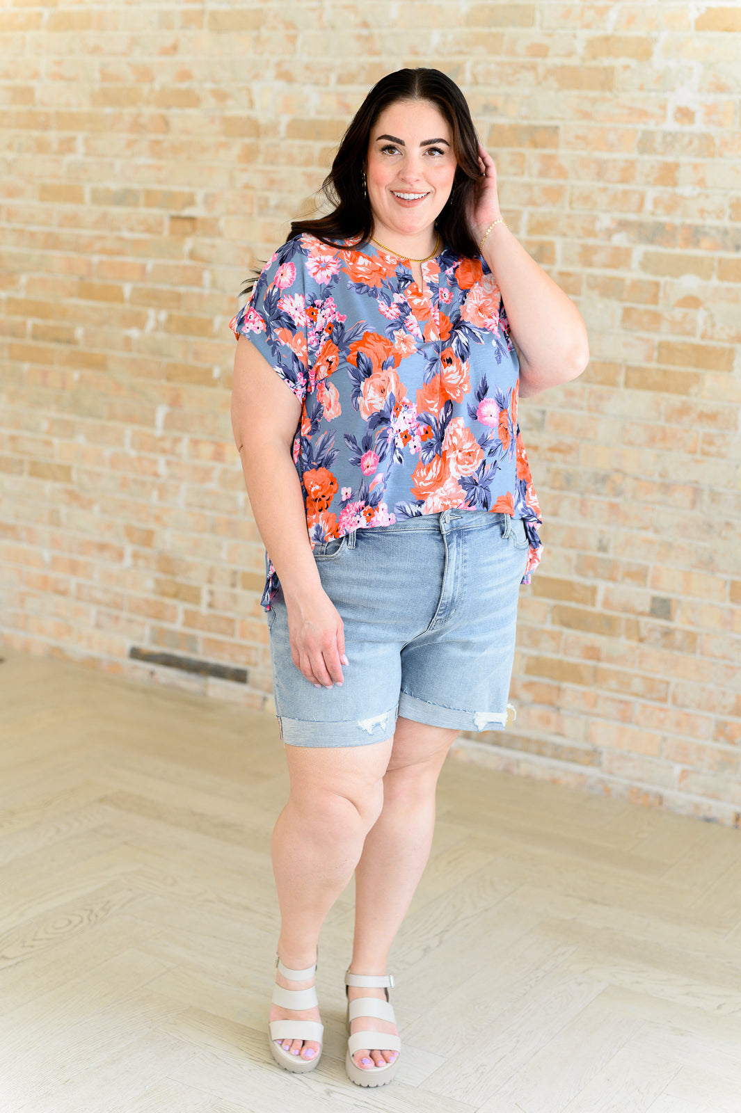 Lizzy Cap Sleeve Top in Dusty Blue and Coral Roses Southern Soul Collectives