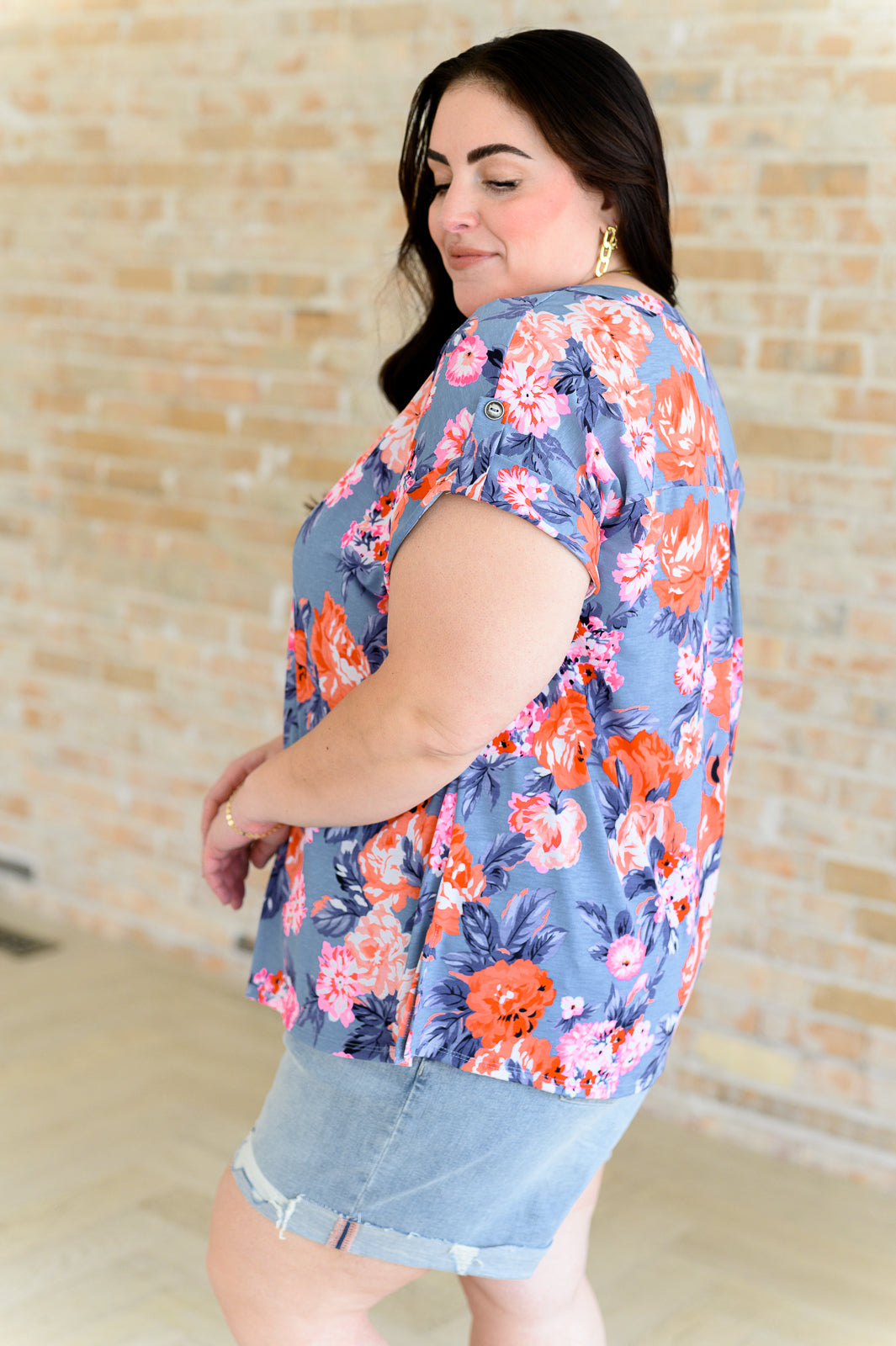 Lizzy Cap Sleeve Top in Dusty Blue and Coral Roses Southern Soul Collectives