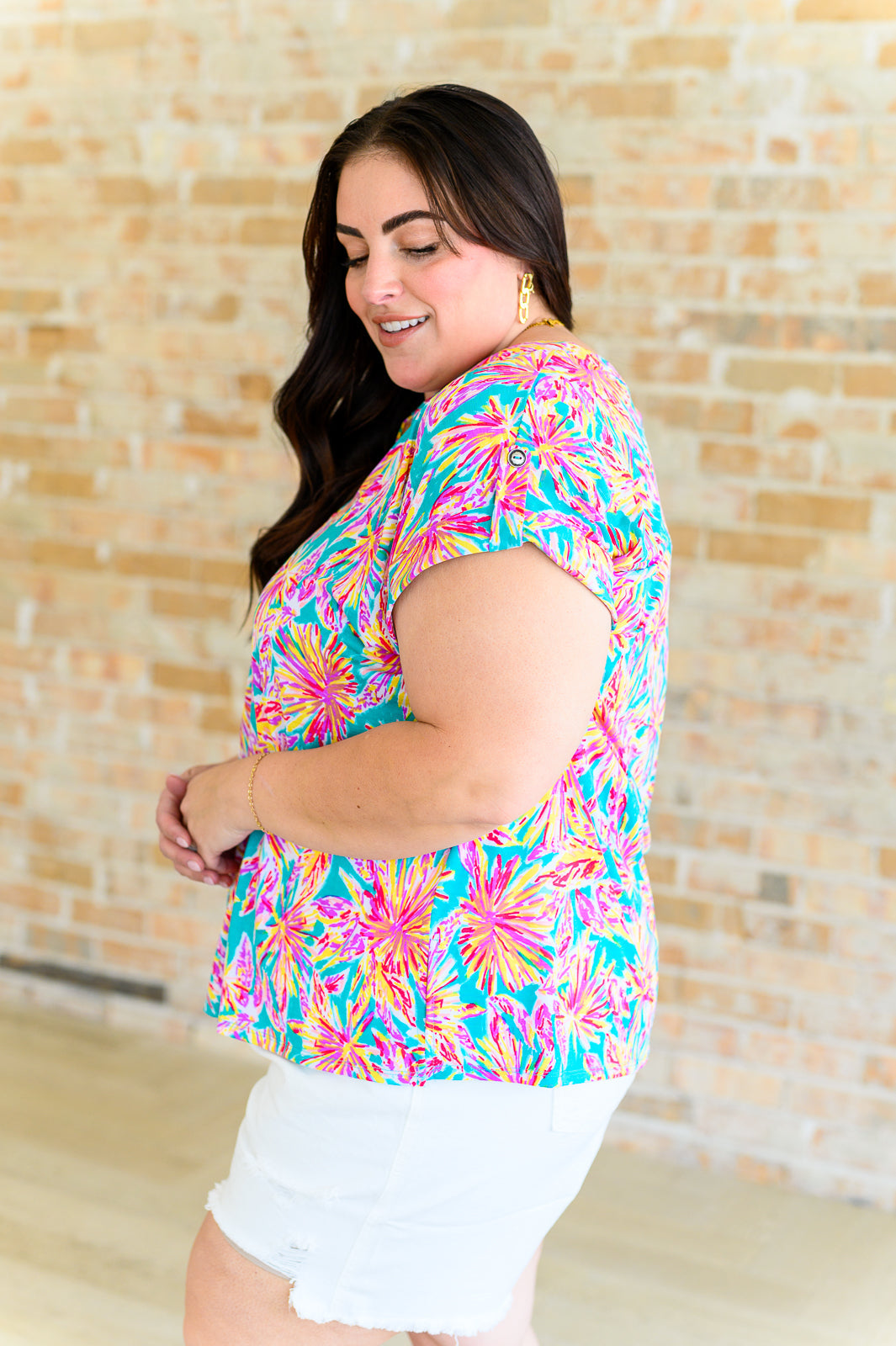 Lizzy Cap Sleeve Top in Emerald Multi Palm Trees Southern Soul Collectives