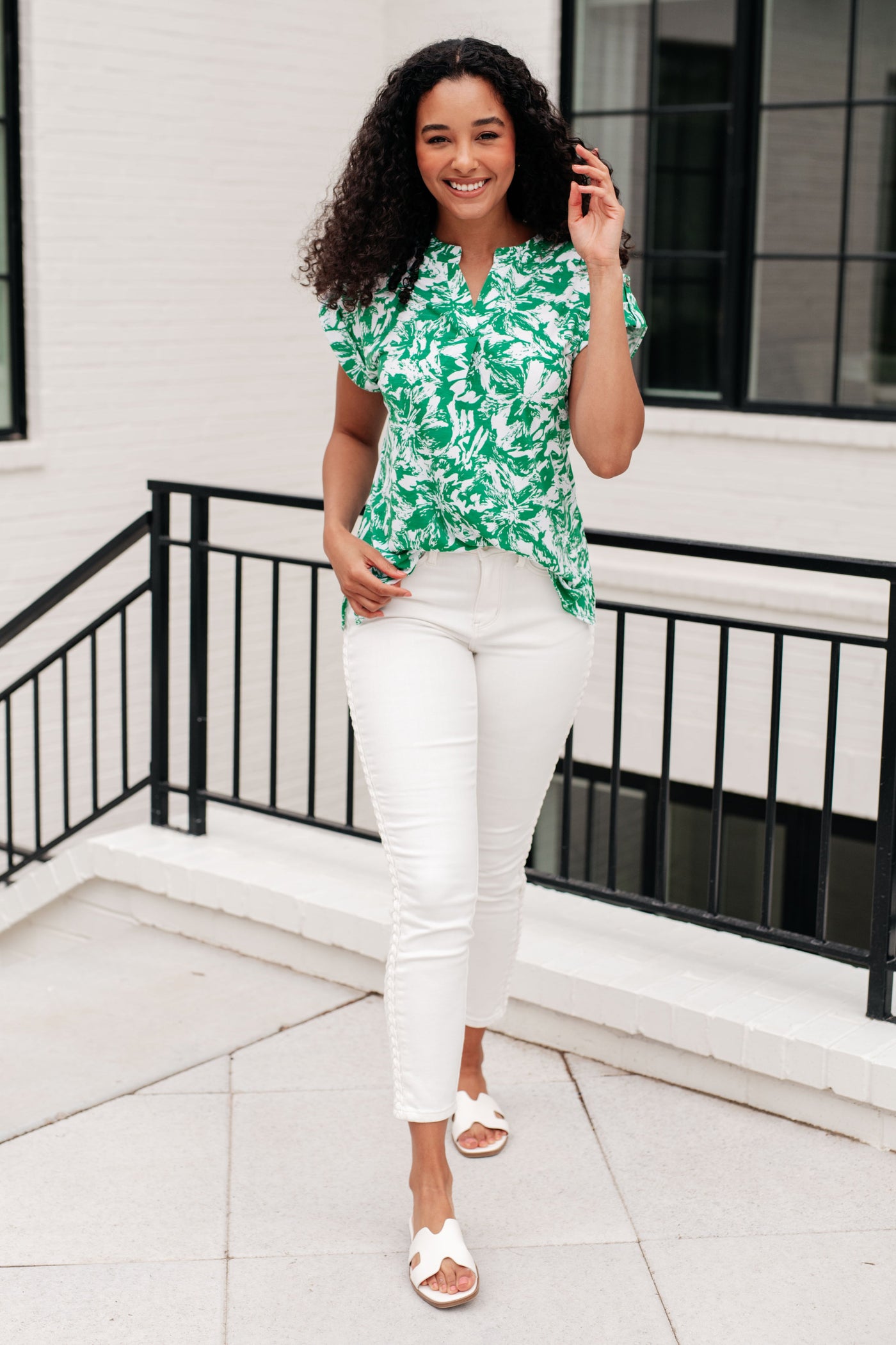 Lizzy Cap Sleeve Top in Emerald and White Floral Southern Soul Collectives