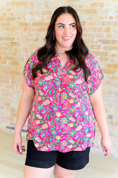 Lizzy Cap Sleeve Top in Fuchsia and Green Floral Paisley Southern Soul Collectives
